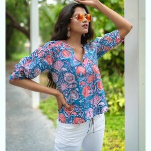 Sohana moda top blue pink floral blouse spring detailed embroidered sleeves XL